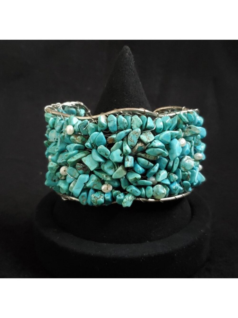 Silver Tone Cuff Bracelet Wire Wrapped Blue Stone Pearl Southwestern 7.5"